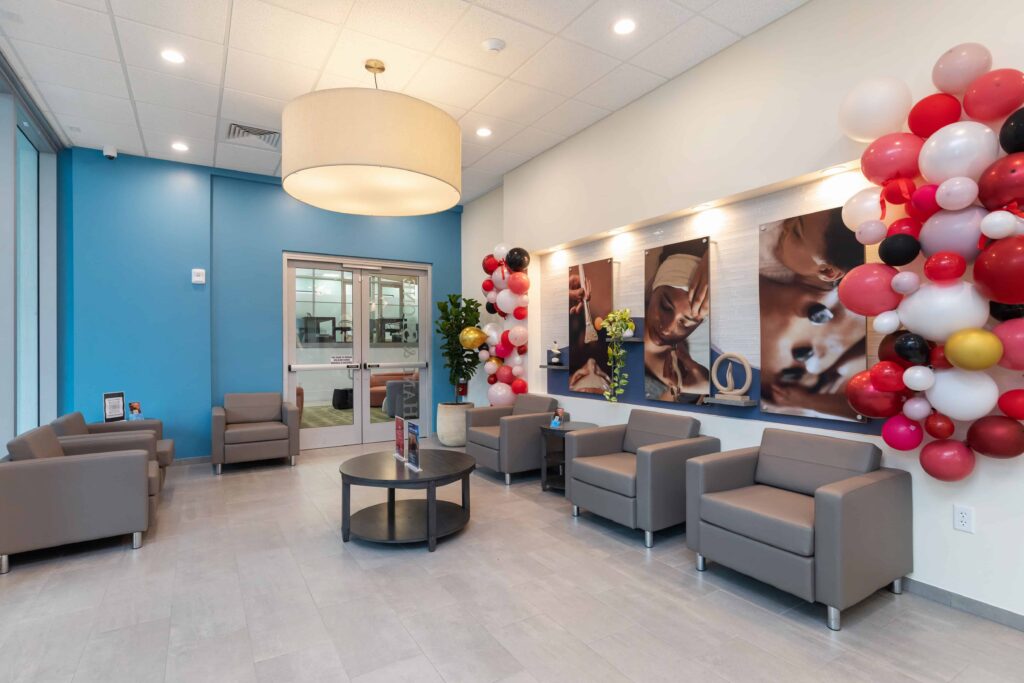 Lobby of the new Hand & Stone location in downtown Miami for their grand opening